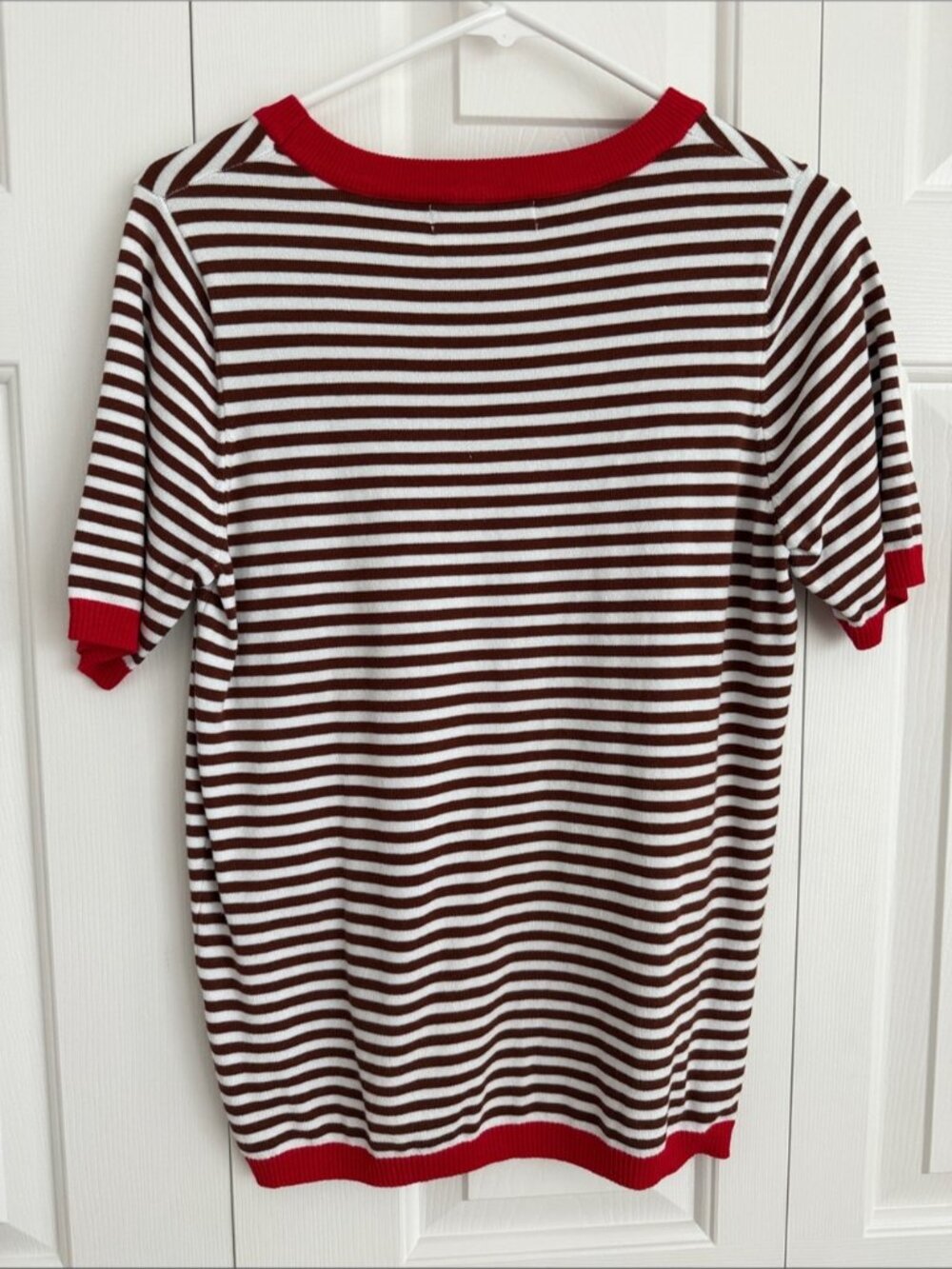 Striped Short-Sleeve Knit Top in Brown and White with Red Trim - Picture 2 of 2